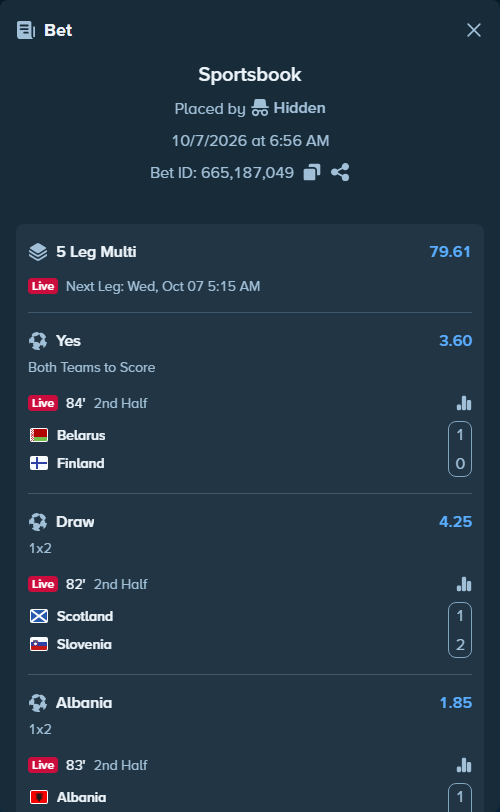Bet slip: Belarus - Finland, $15,000.00 stake at 3.60 odds, placed by Hidden