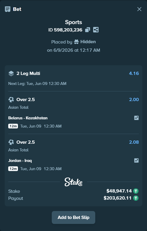Bet slip: Belarus - Kazakhstan, $48,947.14 stake at 2.00 odds, placed by Hidden