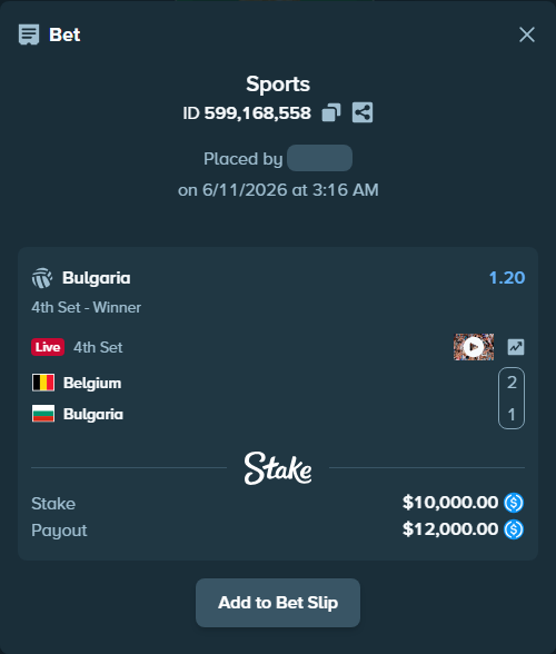 Bet slip: Belgium - Bulgaria, $10,000.00 stake at 1.20 odds, placed by Nick1188
