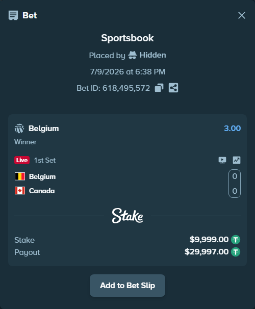 Bet slip: Belgium - Canada, $10,009.00 stake at 3.00 odds, placed by Hidden