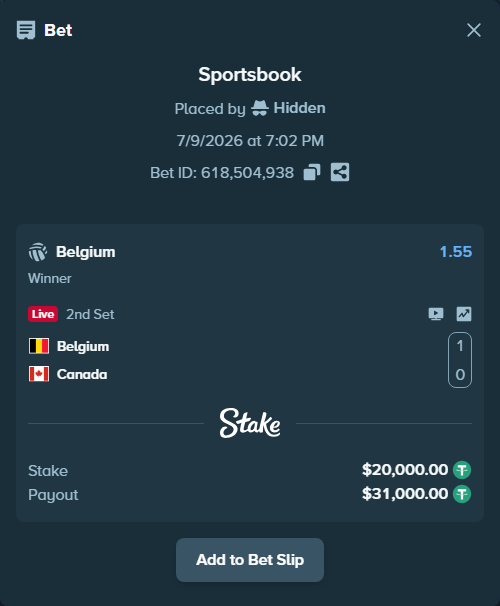 Bet slip: Belgium - Canada, $20,020.00 stake at 1.55 odds, placed by Hidden