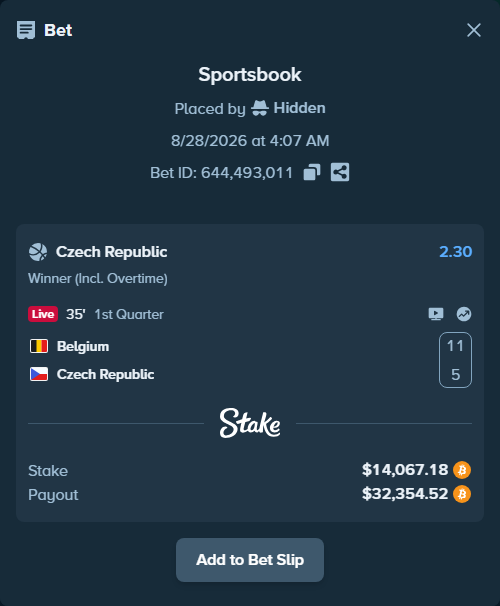 Bet slip: Belgium - Czechia, $14,070.35 stake at 2.30 odds, placed by Hidden
