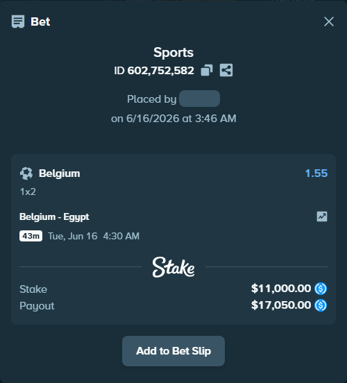 Bet slip: Belgium - Egypt, $11,000.00 stake at 1.55 odds, placed by AdrewTate