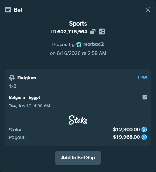 Bet slip: Belgium - Egypt, $12,800.00 stake at 1.56 odds, placed by marbad2