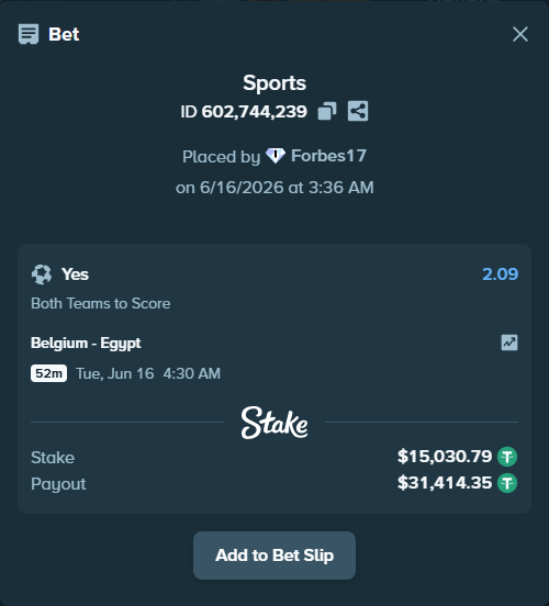 Bet slip: Belgium - Egypt, $15,030.79 stake at 2.09 odds, placed by Forbes17