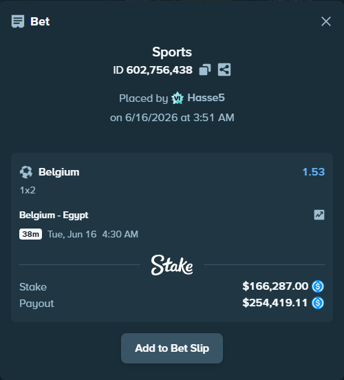 Bet slip: Belgium - Egypt, $166,287.00 stake at 1.53 odds, placed by Hasse5