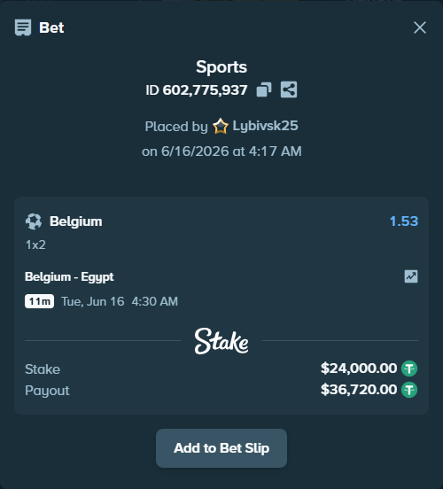 Bet slip: Belgium - Egypt, $24,000.00 stake at 1.53 odds, placed by Lybivsk25