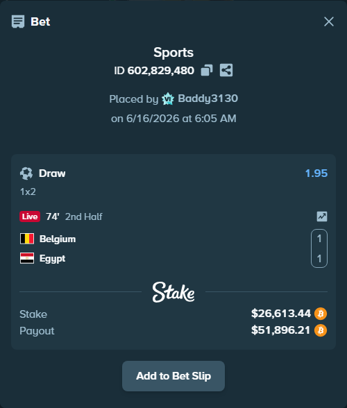 Bet slip: Belgium - Egypt, $25,636.40 stake at 1.95 odds, placed by Baddy3130