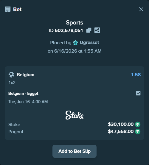 Bet slip: Belgium - Egypt, $30,130.10 stake at 1.58 odds, placed by Ugresset
