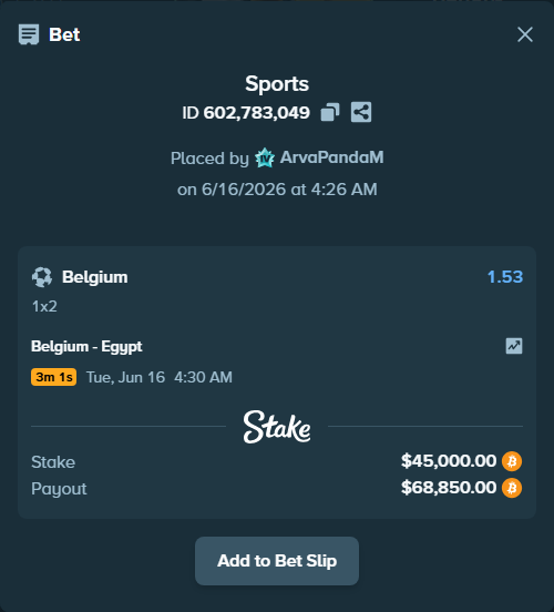 Bet slip: Belgium - Egypt, $43,335.91 stake at 1.53 odds, placed by ArvaPandaM