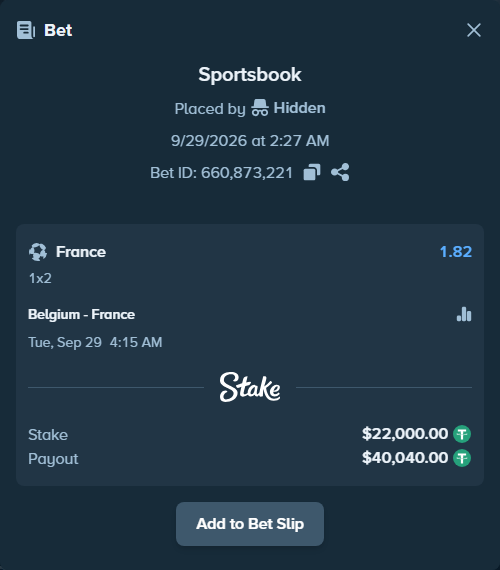 Bet slip: Belgium - France, $22,000.00 stake at 1.82 odds, placed by Bajarangg83