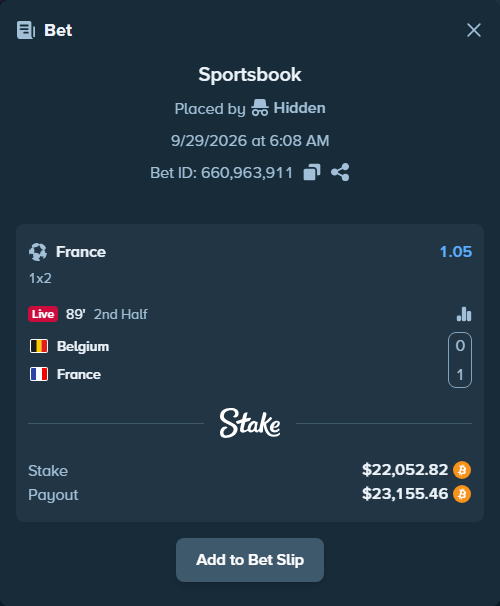 Bet slip: Belgium - France, $22,010.96 stake at 1.05 odds, placed by hungrybox