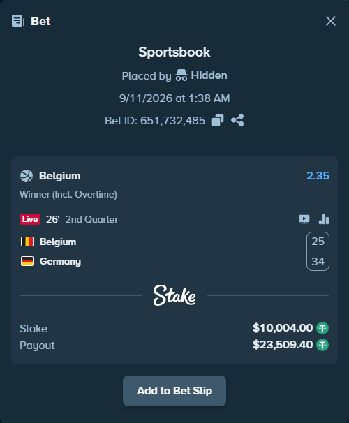 Bet slip: Belgium - Germany, $10,000.00 stake at 2.35 odds, placed by Hidden