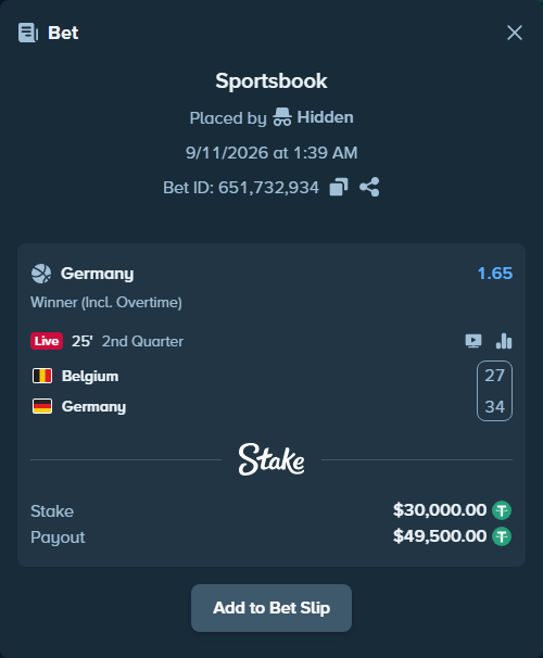 Bet slip: Belgium - Germany, $29,988.00 stake at 1.65 odds, placed by Hidden