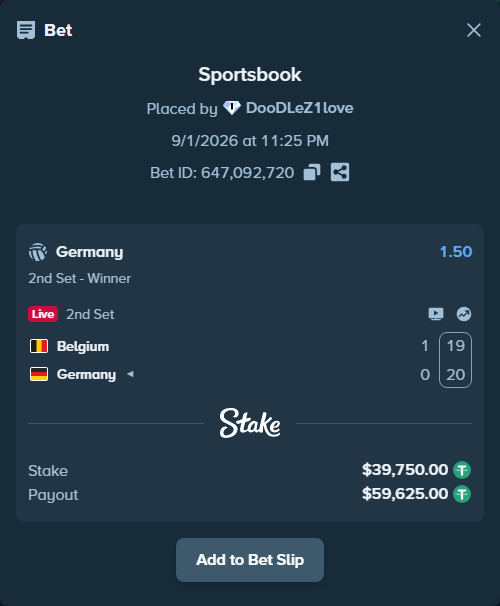 Bet slip: Belgium - Germany, $39,750.00 stake at 1.50 odds, placed by DooDLeZ1love