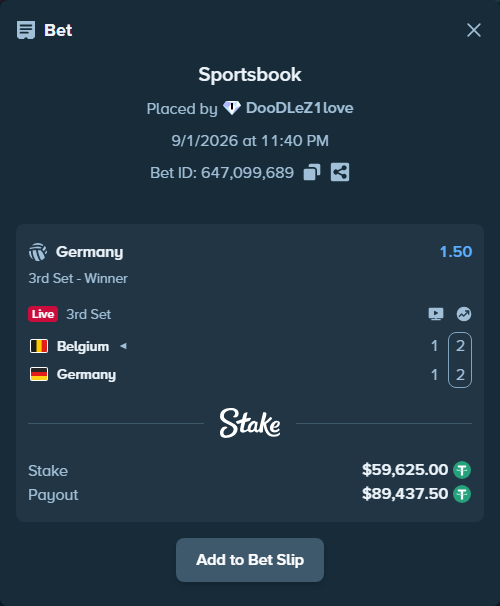 Bet slip: Belgium - Germany, $59,625.00 stake at 1.50 odds, placed by DooDLeZ1love