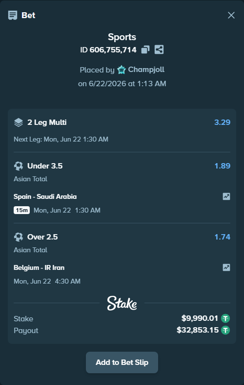 Bet slip: Belgium - IR Iran, $10,000.00 stake at 1.74 odds, placed by Champjoll
