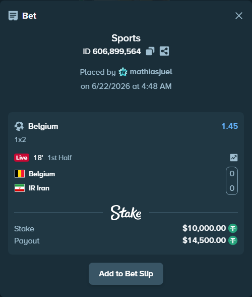 Bet slip: Belgium - IR Iran, $10,010.00 stake at 1.45 odds, placed by mathiasjuel