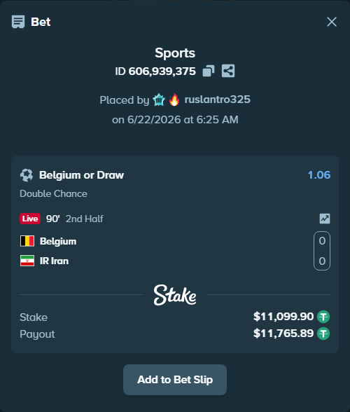 Bet slip: Belgium - IR Iran, $11,111.00 stake at 1.06 odds, placed by ruslantro325
