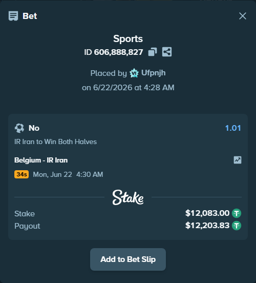 Bet slip: Belgium - IR Iran, $12,095.08 stake at 1.01 odds, placed by Ufpnjh