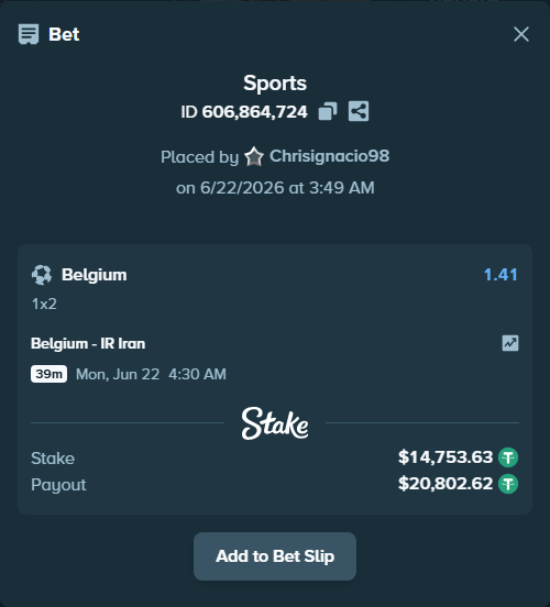 Bet slip: Belgium - IR Iran, $14,768.38 stake at 1.41 odds, placed by Chrisignacio98
