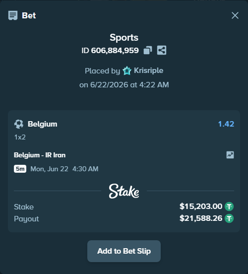 Bet slip: Belgium - IR Iran, $15,218.20 stake at 1.42 odds, placed by Krisriple