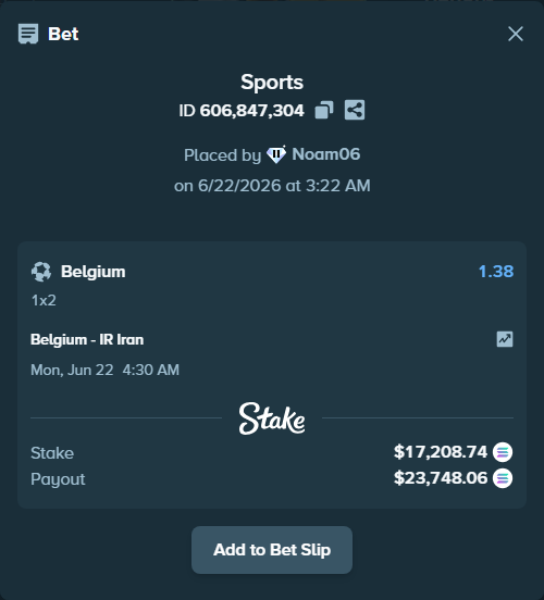 Bet slip: Belgium - IR Iran, $16,857.54 stake at 1.38 odds, placed by Noam06