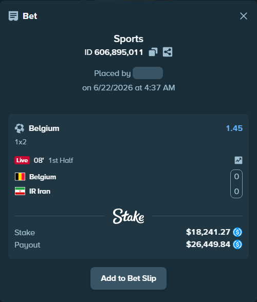 Bet slip: Belgium - IR Iran, $18,241.27 stake at 1.45 odds, placed by Vicceforb