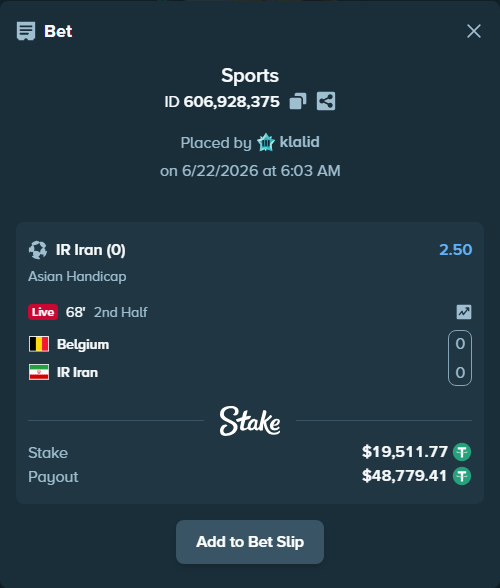 Bet slip: Belgium - IR Iran, $19,531.28 stake at 2.50 odds, placed by klalid