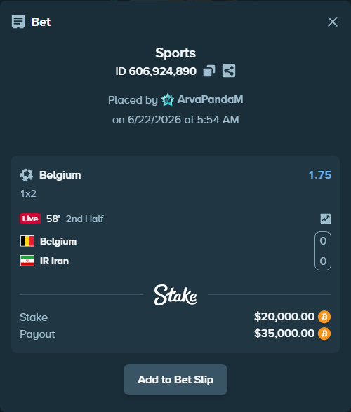 Bet slip: Belgium - IR Iran, $18,533.03 stake at 1.75 odds, placed by ArvaPandaM