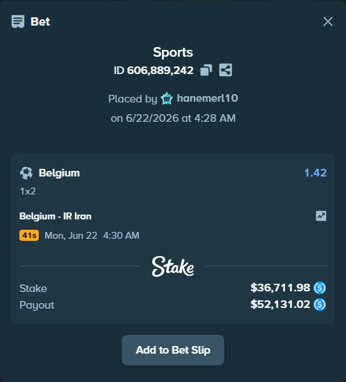 Bet slip: Belgium - IR Iran, $36,711.98 stake at 1.42 odds, placed by hanemerl10