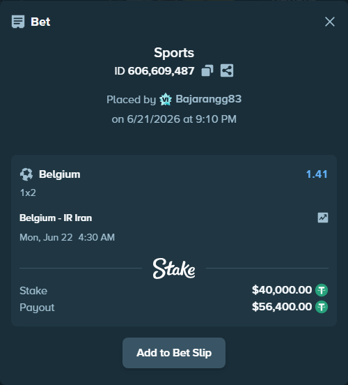 Bet slip: Belgium - IR Iran, $40,040.00 stake at 1.41 odds, placed by Bajarangg83