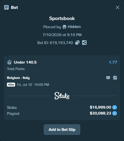 Bet slip: Belgium - Italy, $16,999.00 stake at 1.77 odds, placed by Hidden