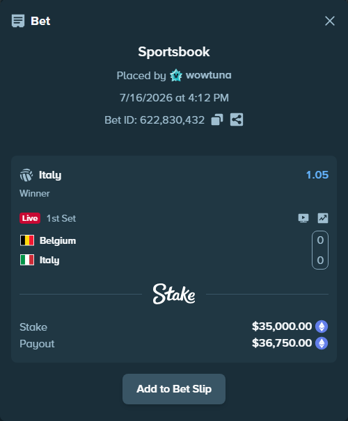 Bet slip: Belgium - Italy, $34,671.93 stake at 1.05 odds, placed by wowtuna
