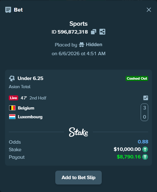 Bet slip: Belgium - Luxembourg, $10,000.00 stake at 1.80 odds, placed by Hidden