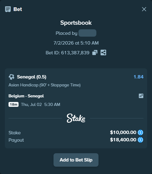 Bet slip: Belgium - Senegal, $10,000.00 stake at 1.84 odds, placed by OC448