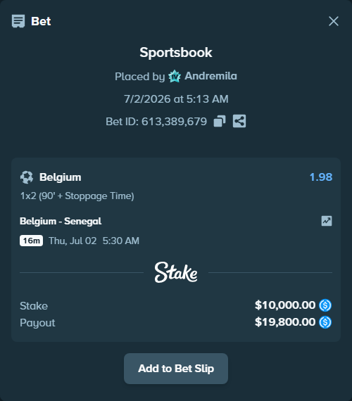 Bet slip: Belgium - Senegal, $10,000.00 stake at 1.98 odds, placed by Andremila