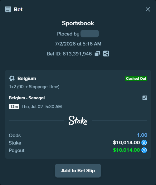 Bet slip: Belgium - Senegal, $10,014.00 stake at 1.98 odds, placed by silask08