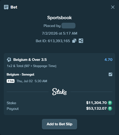 Bet slip: Belgium - Senegal, $11,316.00 stake at 4.70 odds, placed by Kaidou827