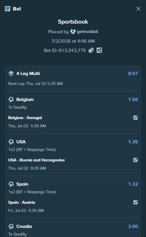 Bet slip: Belgium - Senegal, $13,119.19 stake at 1.56 odds, placed by gemcabal