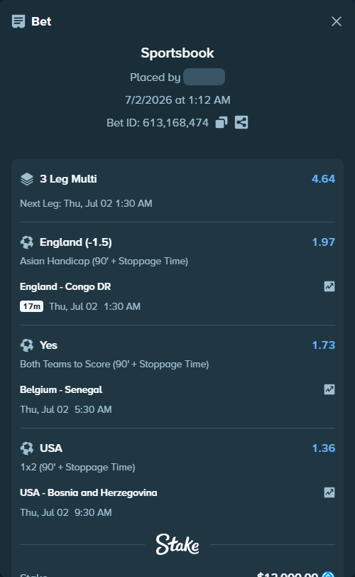 Bet slip: Belgium - Senegal, $12,000.00 stake at 1.73 odds, placed by MrDivinity