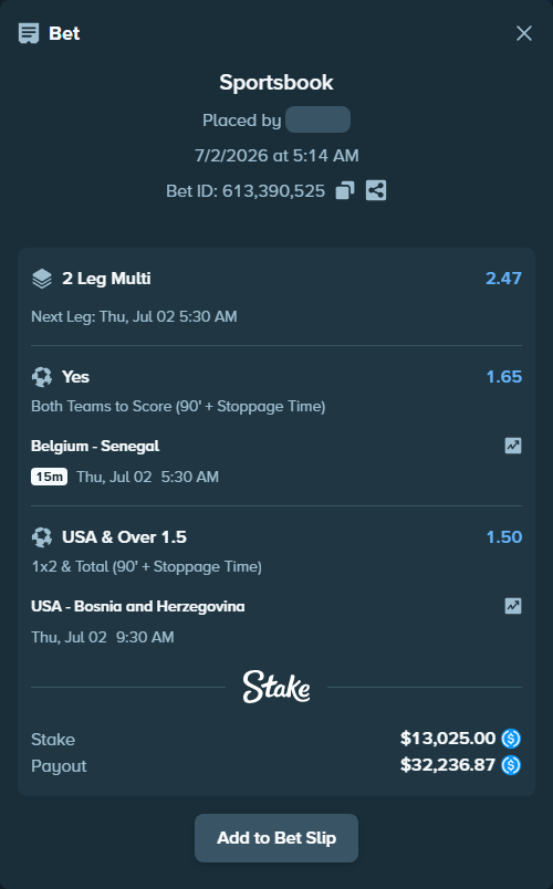 Bet slip: Belgium - Senegal, $13,025.00 stake at 1.65 odds, placed by TeslaKesla22