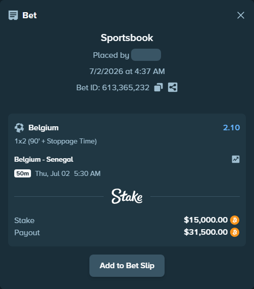 Bet slip: Belgium - Senegal, $16,035.97 stake at 2.10 odds, placed by Tonyj69