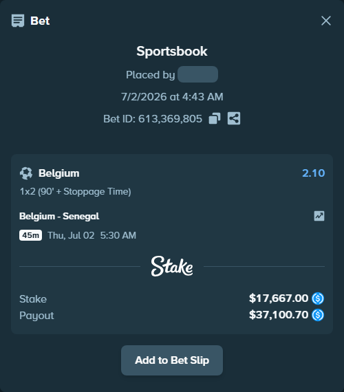 Bet slip: Belgium - Senegal, $17,667.00 stake at 2.10 odds, placed by petterblom