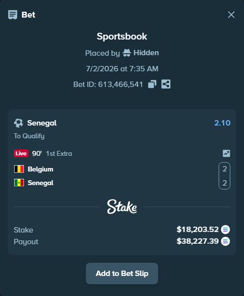 Bet slip: Belgium - Senegal, $19,089.80 stake at 2.10 odds, placed by Hidden