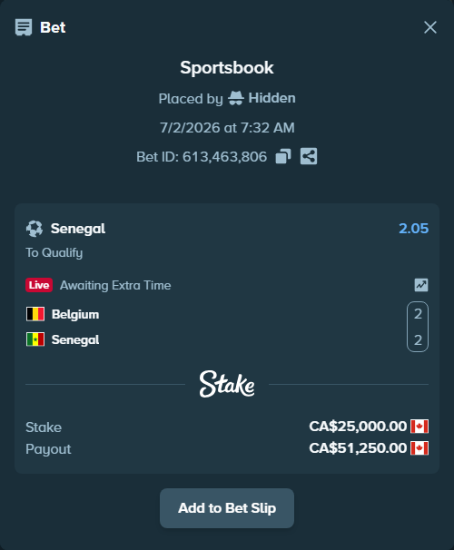 Bet slip: Belgium - Senegal, $18,500.00 stake at 2.05 odds, placed by Hidden