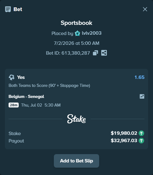 Bet slip: Belgium - Senegal, $20,000.00 stake at 1.65 odds, placed by lvlv2003