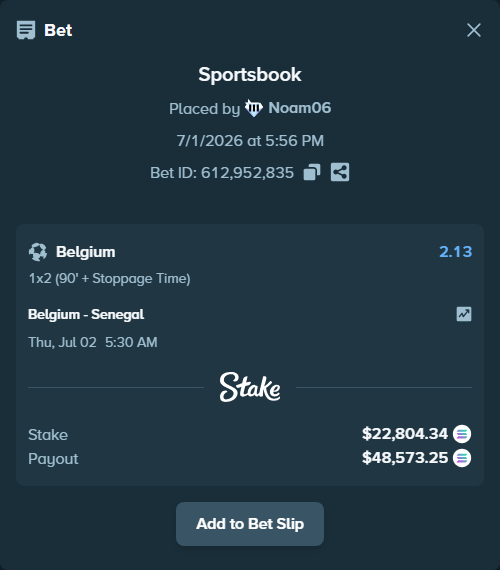 Bet slip: Belgium - Senegal, $25,050.09 stake at 2.13 odds, placed by Noam06