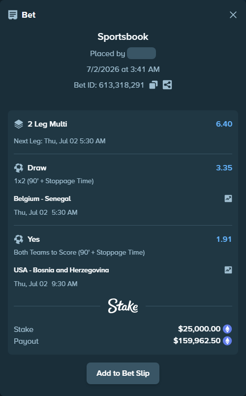 Bet slip: Belgium - Senegal, $27,570.81 stake at 3.35 odds, placed by Cabrzy