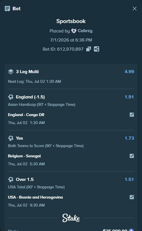 Bet slip: Belgium - Senegal, $28,402.49 stake at 1.73 odds, placed by Cabrzy